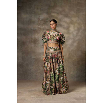 Rivaar by Rocky Star Beige Floral Print Lehenga with Crop Top (Set of 2)