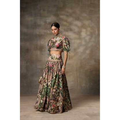 Rivaar by Rocky Star Beige Floral Print Lehenga with Crop Top (Set of 2)