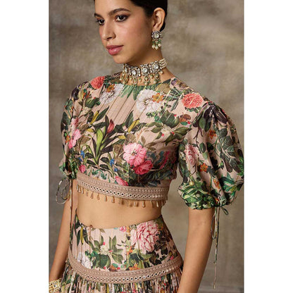 Rivaar by Rocky Star Beige Floral Print Lehenga with Crop Top (Set of 2)
