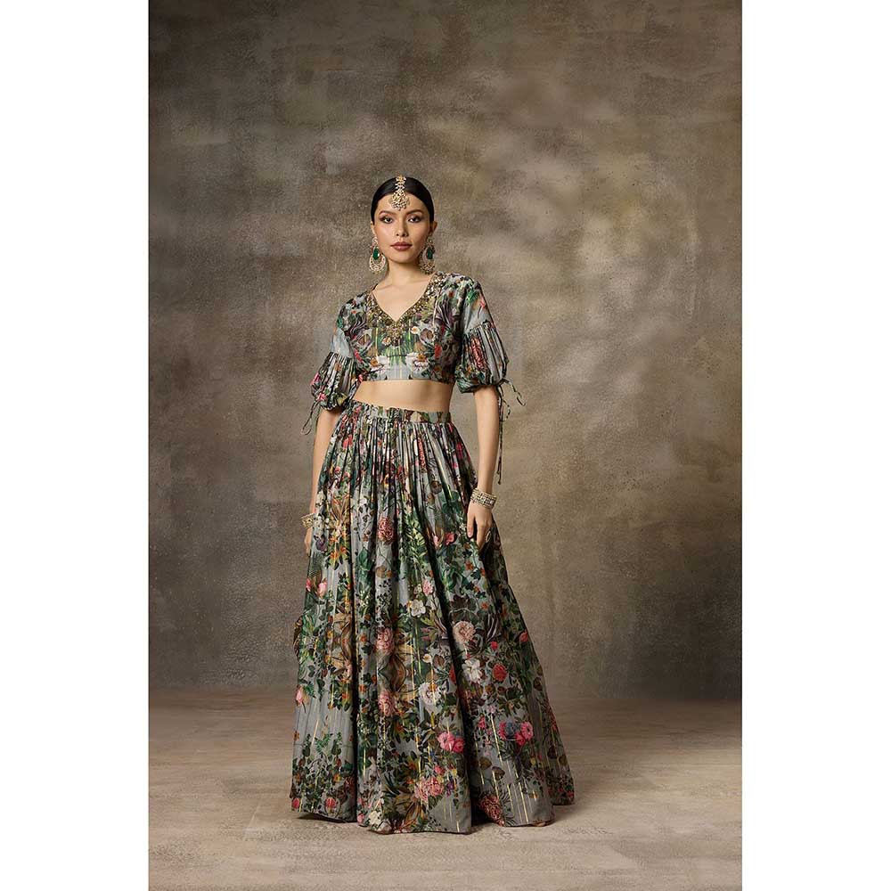 Rivaar by Rocky Star Green Botanical Print Blouse with Lehenga (Set of 2)