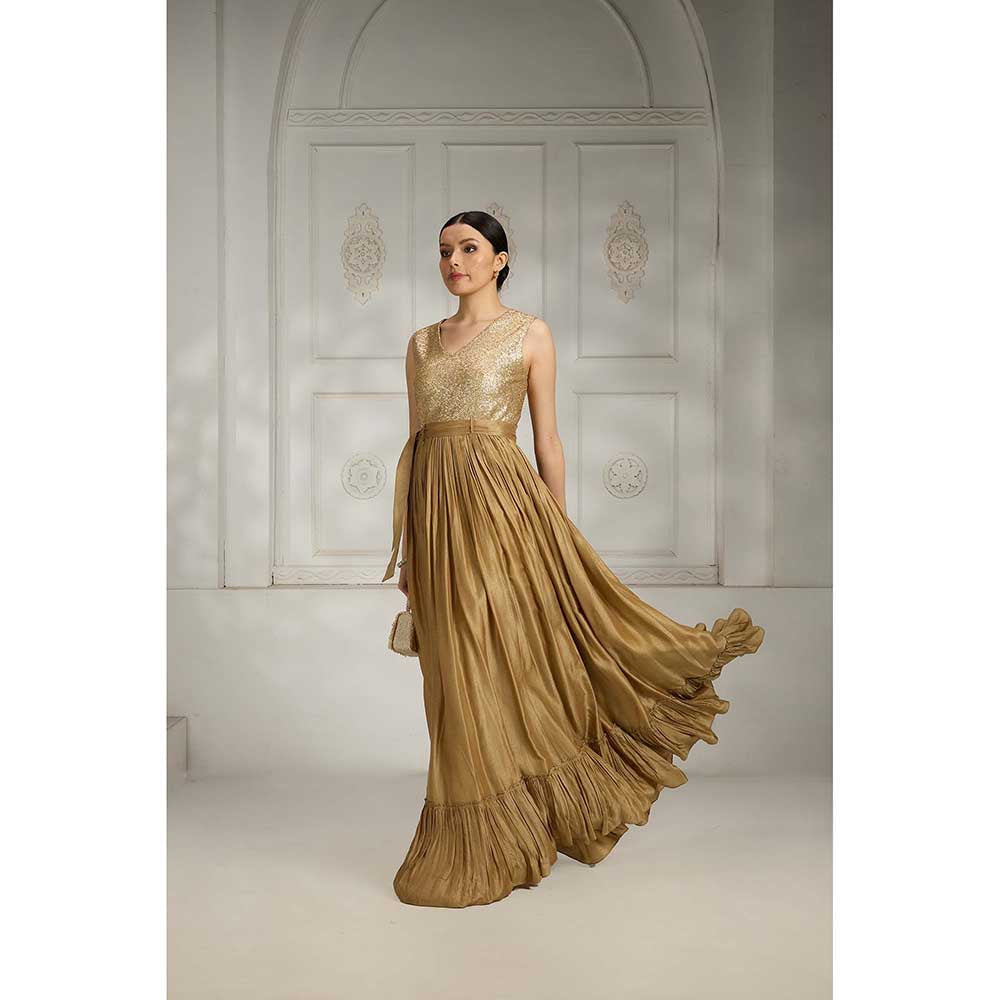 Rivaar by Rocky Star Brown Sequence Maxi Dress with Belt (Set of 2)