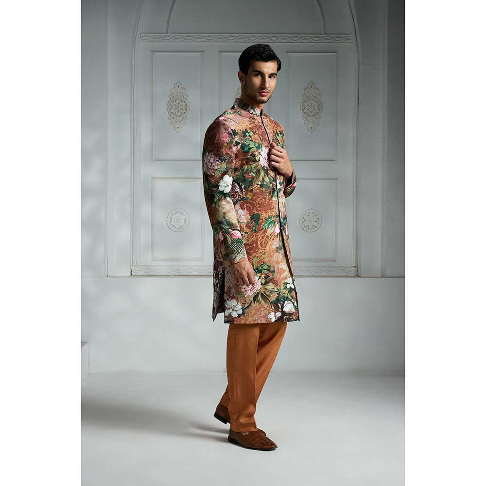 Rivaar by Rocky Star Rust Printed Sherwani (Set of 2)