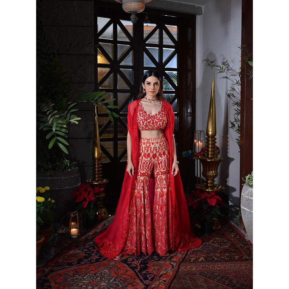 Rococo Afra Blouse and Palazzo with Cape - Red (Set of 3)