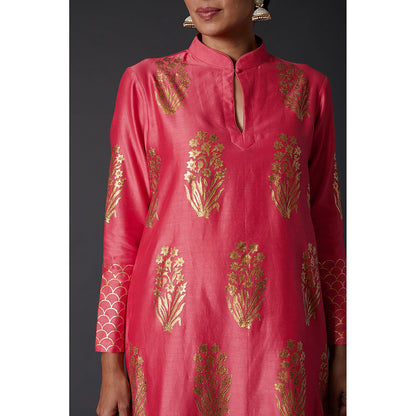 Rohit Bal Coral Pink & Gold Block Printed Kurta & Palazzo (Set of 2)