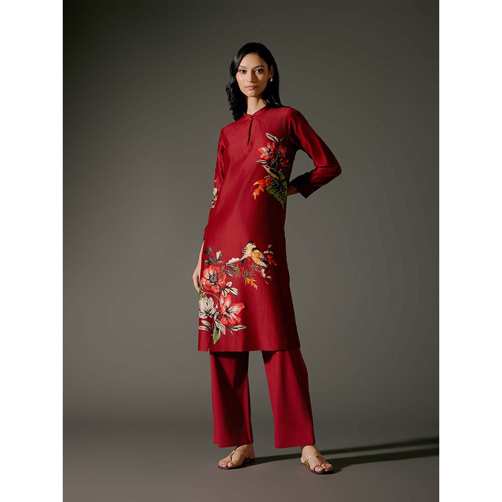 Rohit Bal Red Chanderi Print Kurta with Pant (Set of 2)