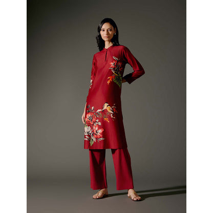Rohit Bal Red Chanderi Print Kurta with Pant (Set of 2)