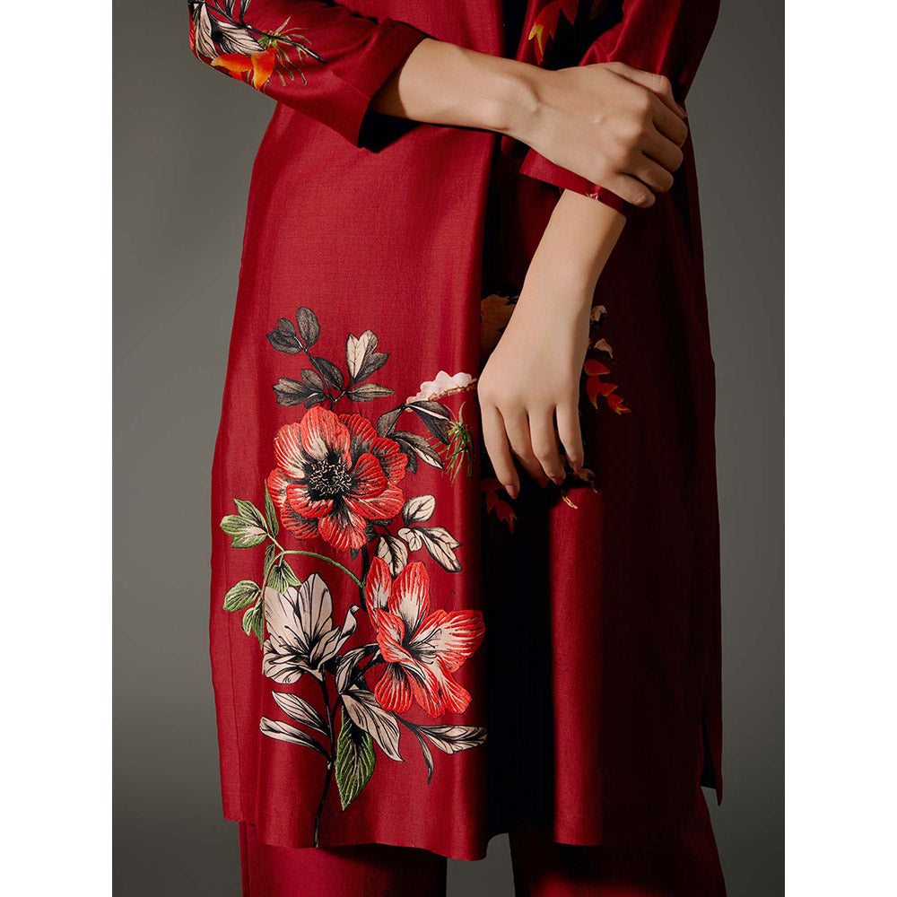 Rohit Bal Red Chanderi Print Kurta with Pant (Set of 2)