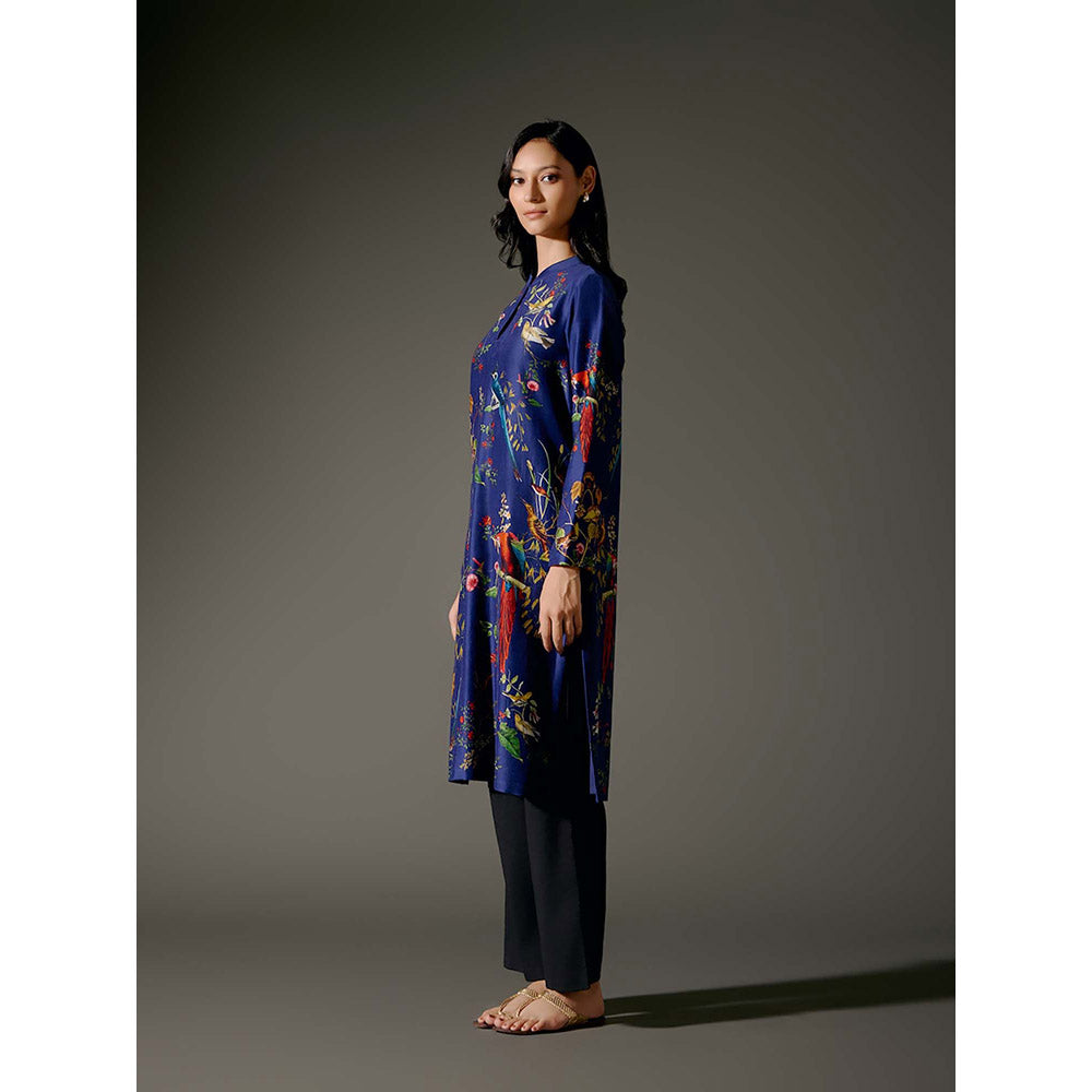 Rohit Bal Blue Chanderi Print Kurta with Pant (Set of 2)