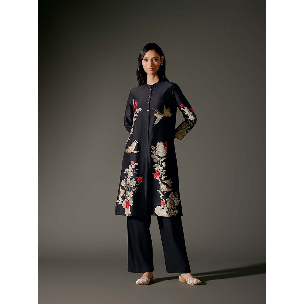 Rohit Bal Black Chanderi Print Kurta with Pant (Set of 2)