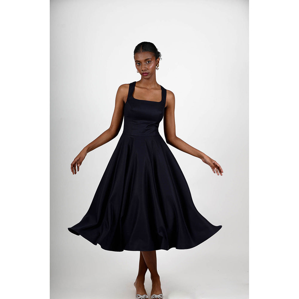 ROSA DAME Navy Blue Henira Deep Jet Blue Structured Flared Dress with Lace-Up Back