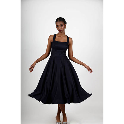 ROSA DAME Navy Blue Henira Deep Jet Blue Structured Flared Dress with Lace-Up Back