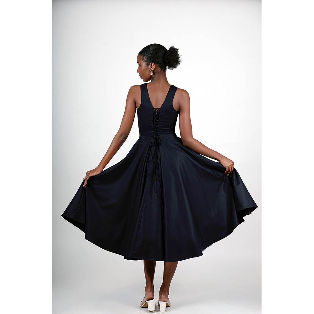 ROSA DAME Navy Blue Henira Deep Jet Blue Structured Flared Dress with Lace-Up Back