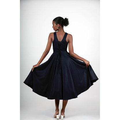ROSA DAME Navy Blue Henira Deep Jet Blue Structured Flared Dress with Lace-Up Back