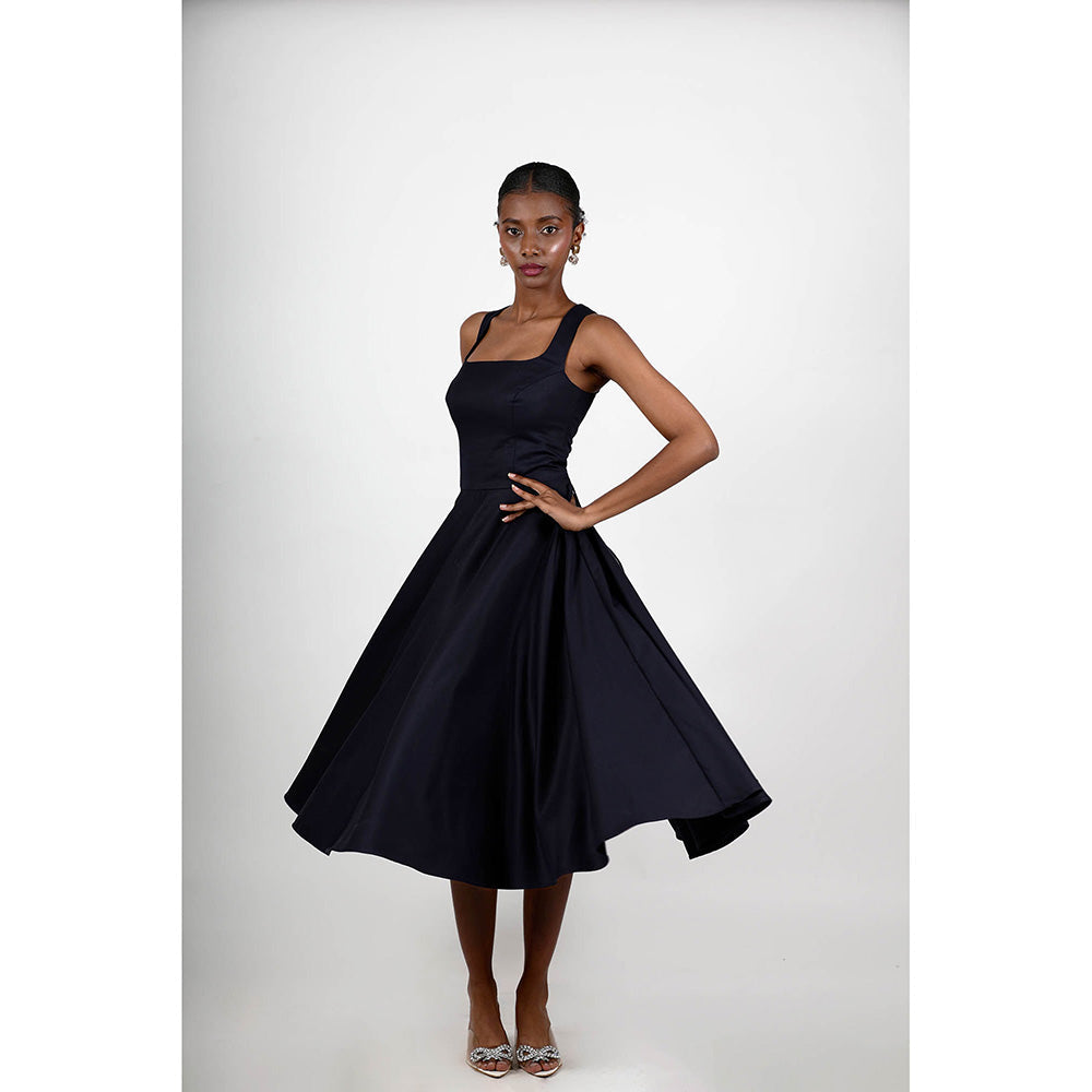 ROSA DAME Navy Blue Henira Deep Jet Blue Structured Flared Dress with Lace-Up Back