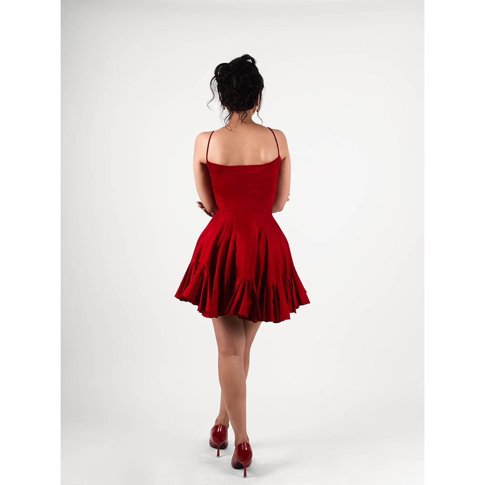 ROSA DAME Crimson Red Spaghetti Strap Mini Dress with Flared Ruffle Hem