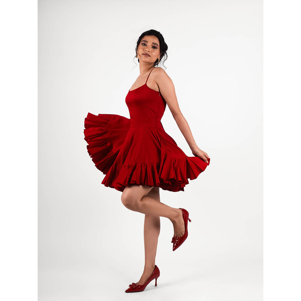 ROSA DAME Crimson Red Spaghetti Strap Mini Dress with Flared Ruffle Hem