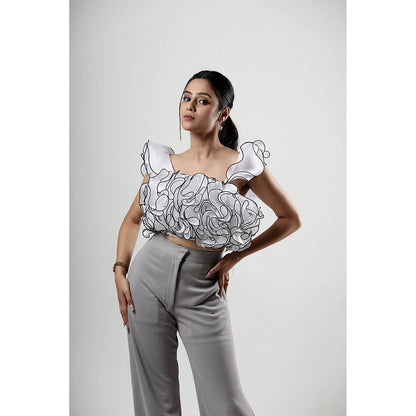 ROSA DAME White Organza Ruffle Crop Top