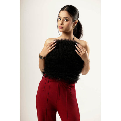 ROSA DAME Black Ruffled Tulle Backless Halter Top with Criss-Cross Tie Straps