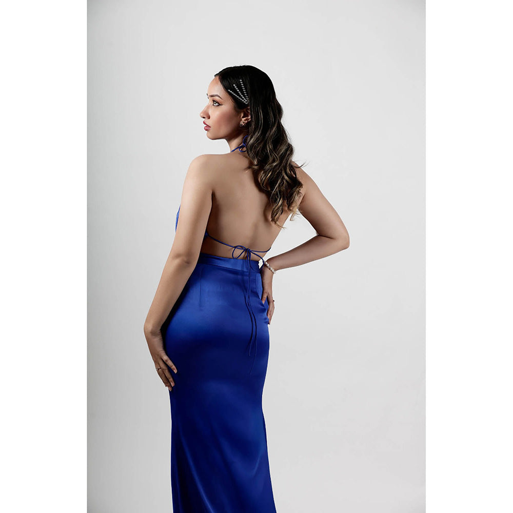 ROSA DAME Royal Blue Satin Halter Top with Open Back Tie Detail