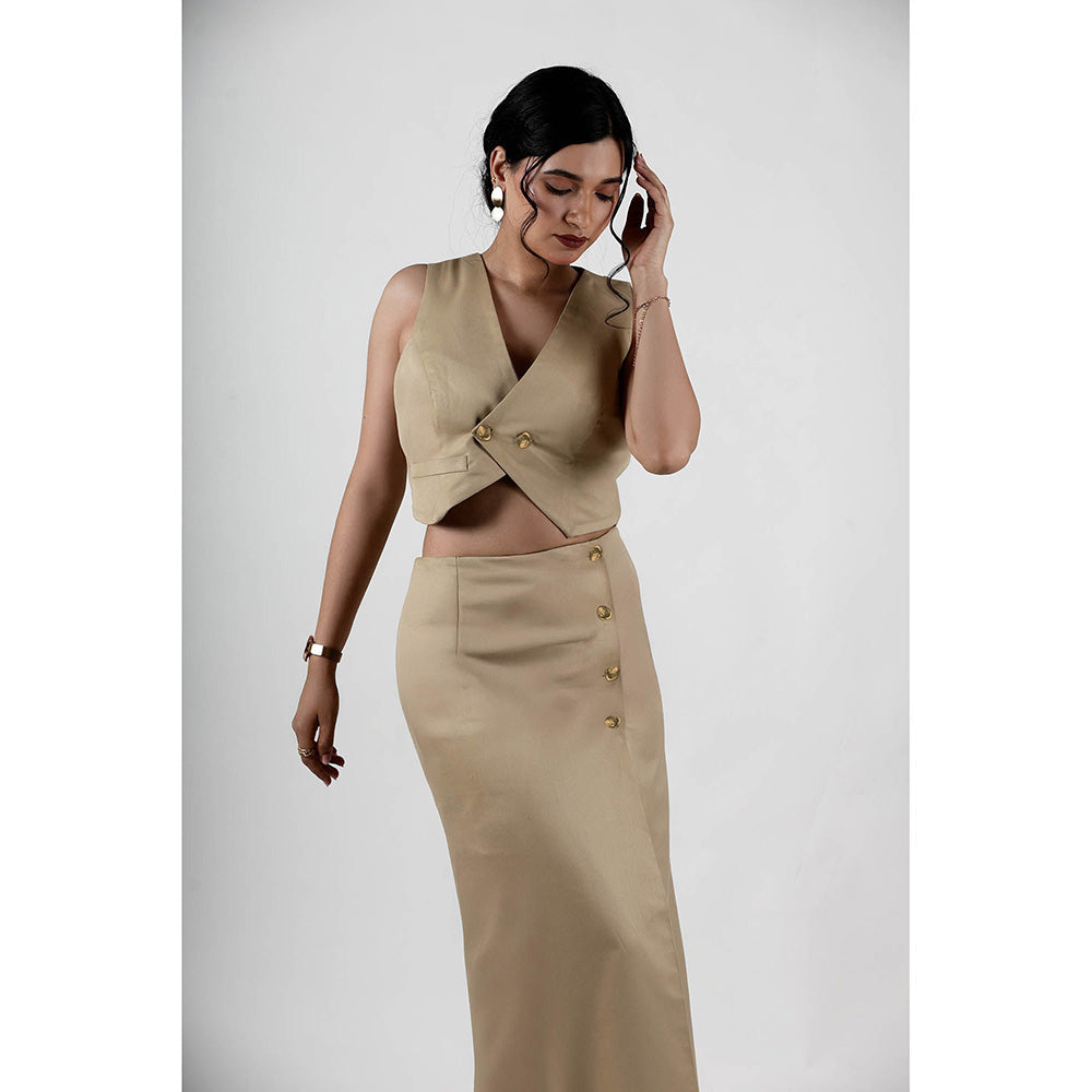 ROSA DAME Fiora Sand Beige Structured Twill Crop Top with Double Busted Button Front