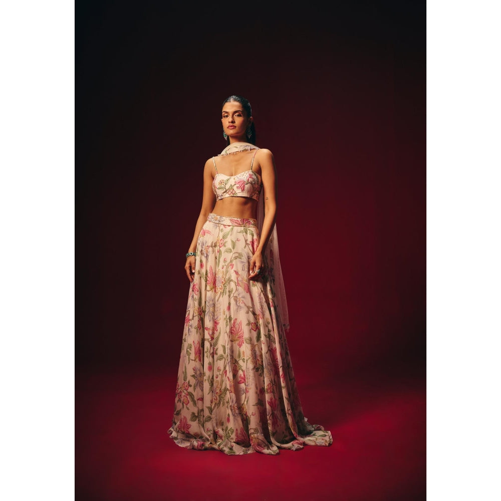 Roze Verona Embroidered Blouse with Lehenga and Dupatta with Waistband