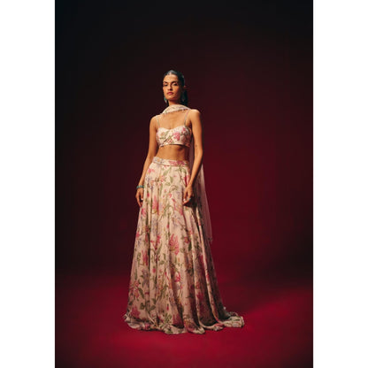 Roze Verona Embroidered Blouse with Lehenga and Dupatta with Waistband