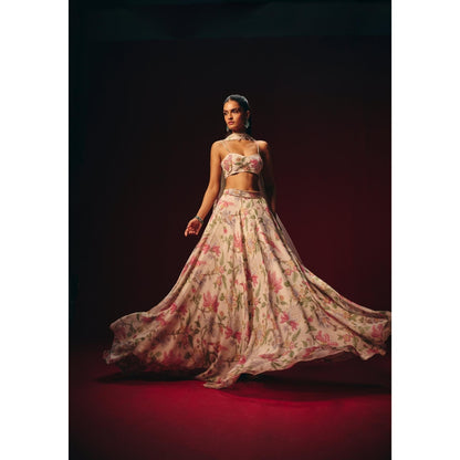 Roze Verona Embroidered Blouse with Lehenga and Dupatta with Waistband