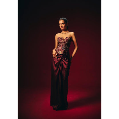 Roze Amara Wine Embroidered Corset Top with Skirt