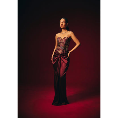 Roze Amara Wine Embroidered Corset Top with Skirt