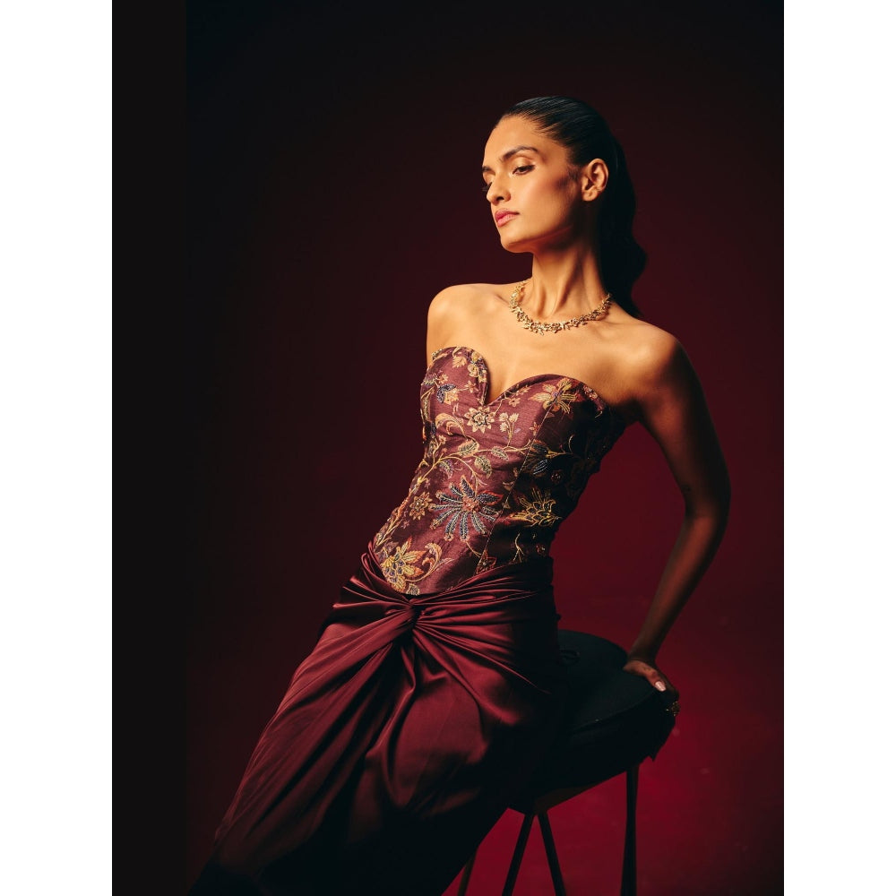 Roze Amara Wine Embroidered Corset Top with Skirt