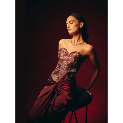 Roze Amara Wine Embroidered Corset Top with Skirt