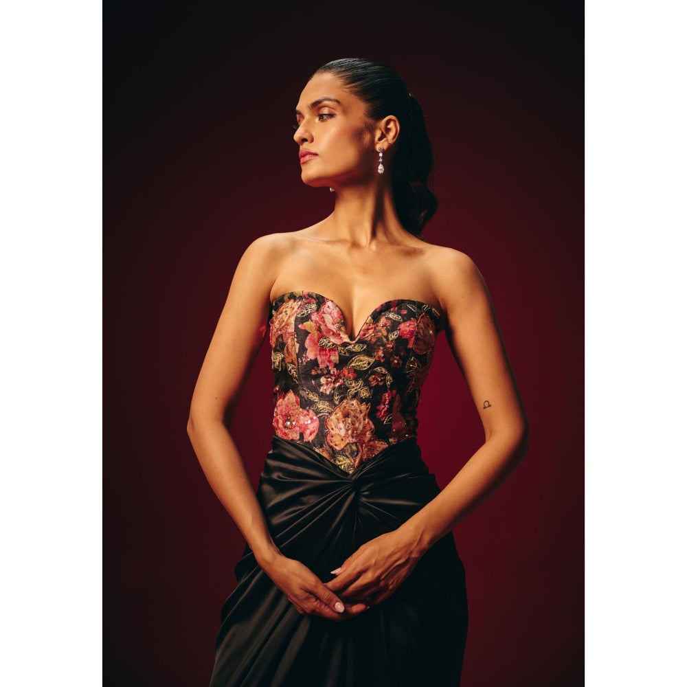 Roze Tisya Black Embroidered Corset Top with Skirt