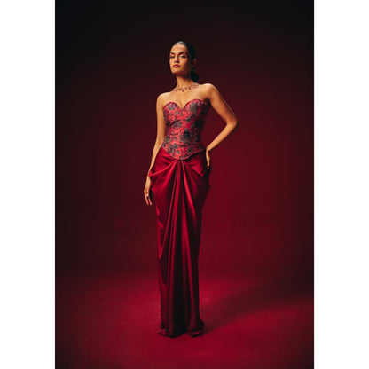 Roze Zyra Red Solid Maxi Skirt
