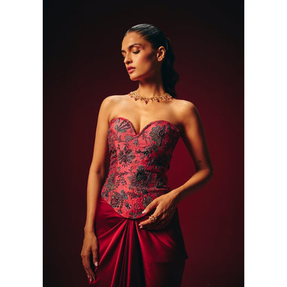 Roze Zyra Red Embroidered Corset Top