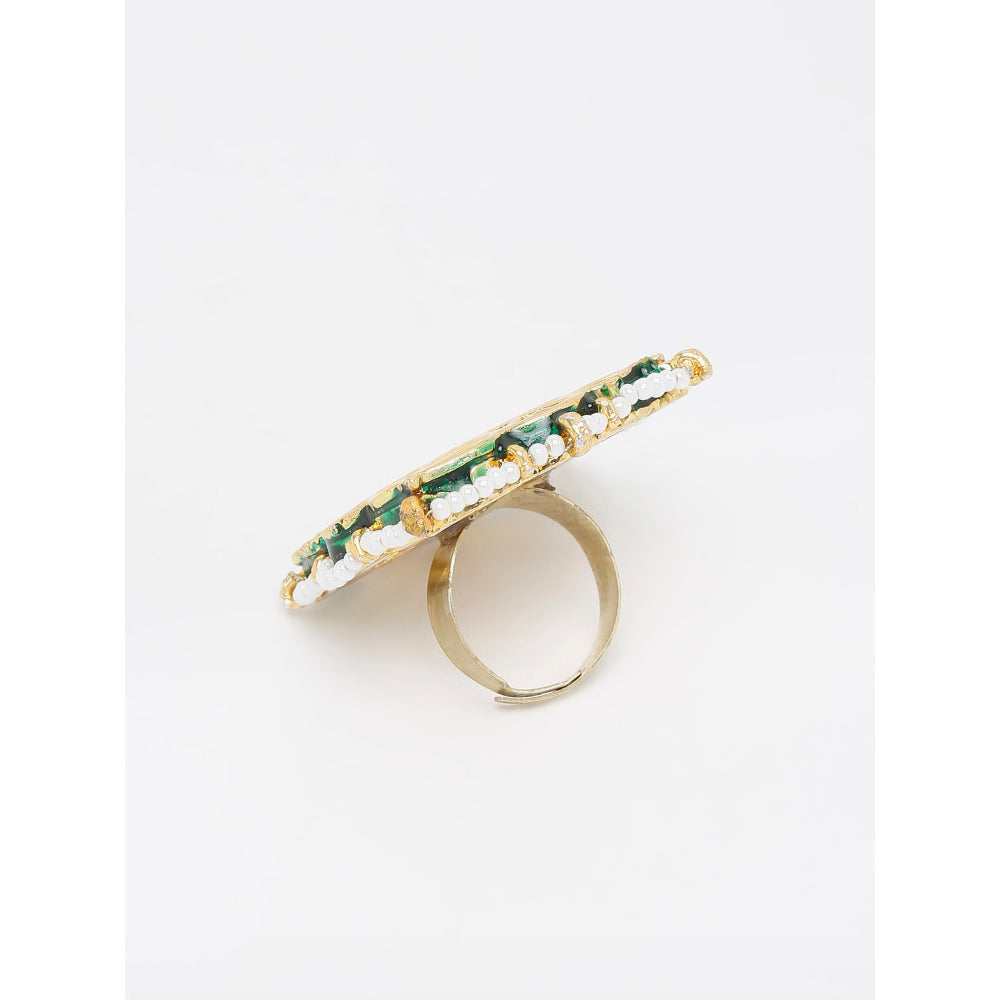 RUBY RAANG STUDIO Ruby Raang Green Tone Kundan Cocktail Ring