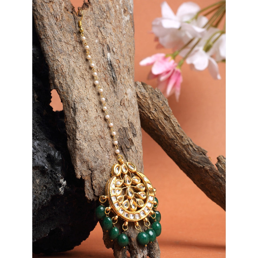 RUBY RAANG STUDIO Ruby Raang Green Stone Kundan Maang Tikka
