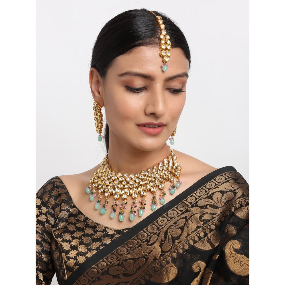 RUBY RAANG STUDIO Ruby Raang Multi Kundan Neckpiece with Earrings and Maang Tikka