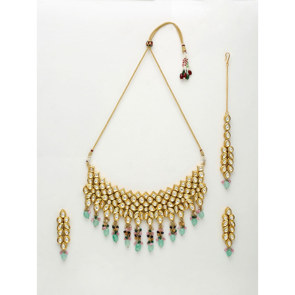 RUBY RAANG STUDIO Ruby Raang Multi Kundan Neckpiece with Earrings and Maang Tikka