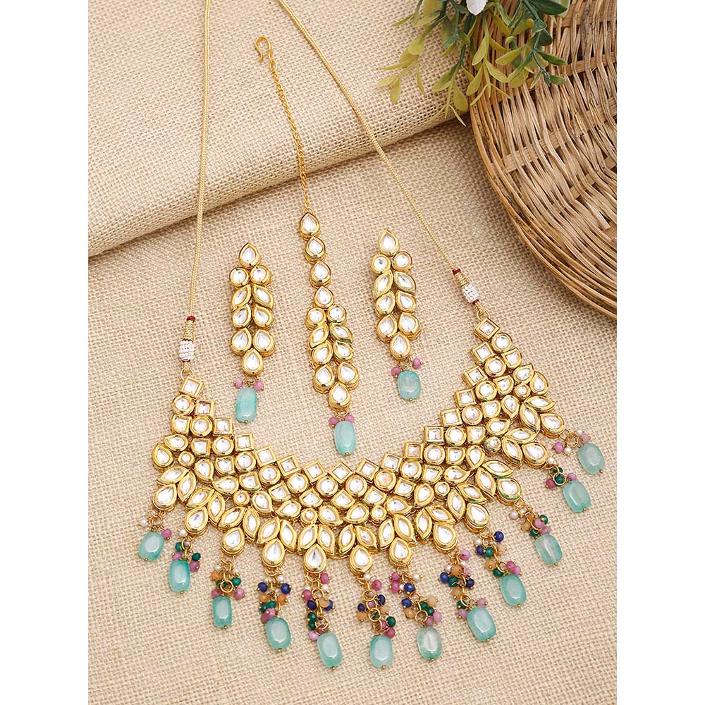 RUBY RAANG STUDIO Ruby Raang Multi Kundan Neckpiece with Earrings and Maang Tikka