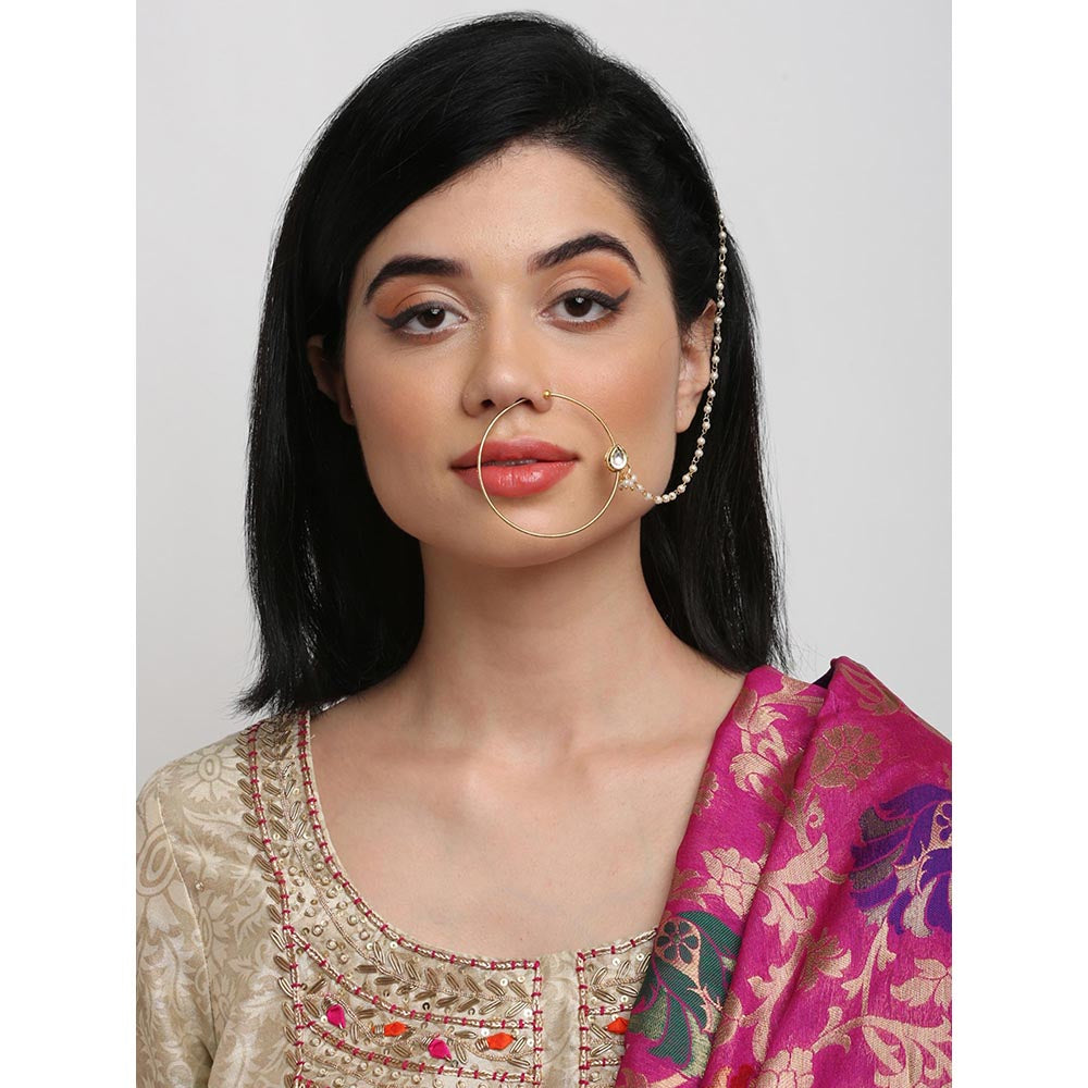 RUBY RAANG STUDIO Gold-Toned White Faux Kundan-Studded Pearl Beaded Chained Nose Ring