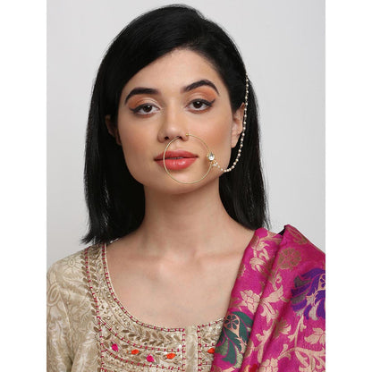RUBY RAANG STUDIO Gold-Toned White Faux Kundan-Studded Pearl Beaded Chained Nose Ring