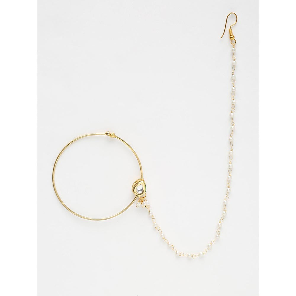 RUBY RAANG STUDIO Gold-Toned White Faux Kundan-Studded Pearl Beaded Chained Nose Ring