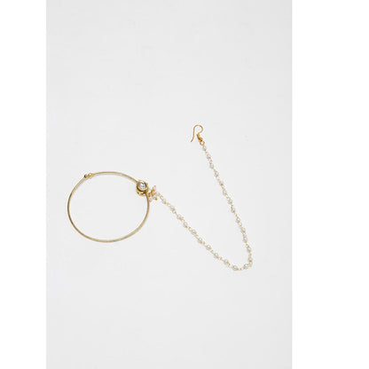 RUBY RAANG STUDIO Gold-Toned White Faux Kundan-Studded Pearl Beaded Chained Nose Ring
