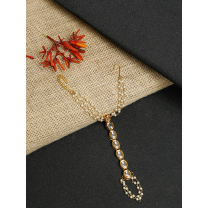 RUBY RAANG STUDIO Women Gold-Toned White Kundan & Pearl Ring Bracelet