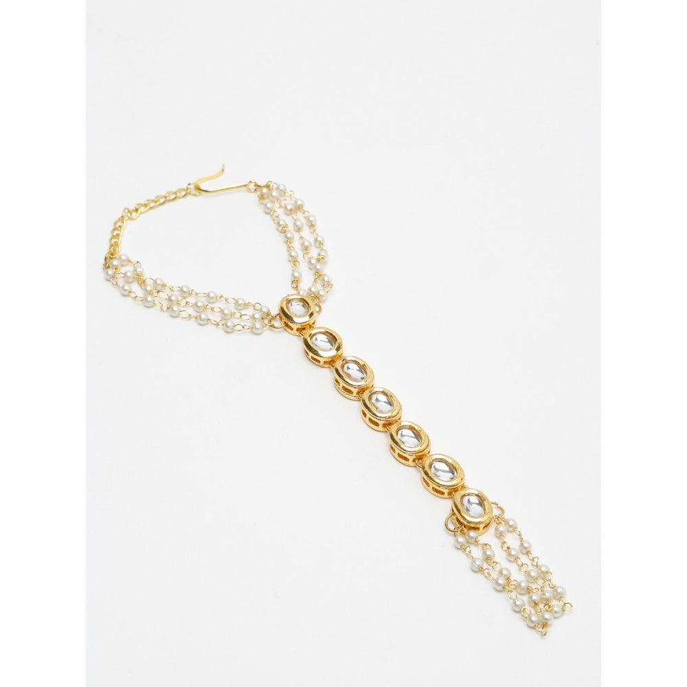 RUBY RAANG STUDIO Women Gold-Toned White Kundan & Pearl Ring Bracelet