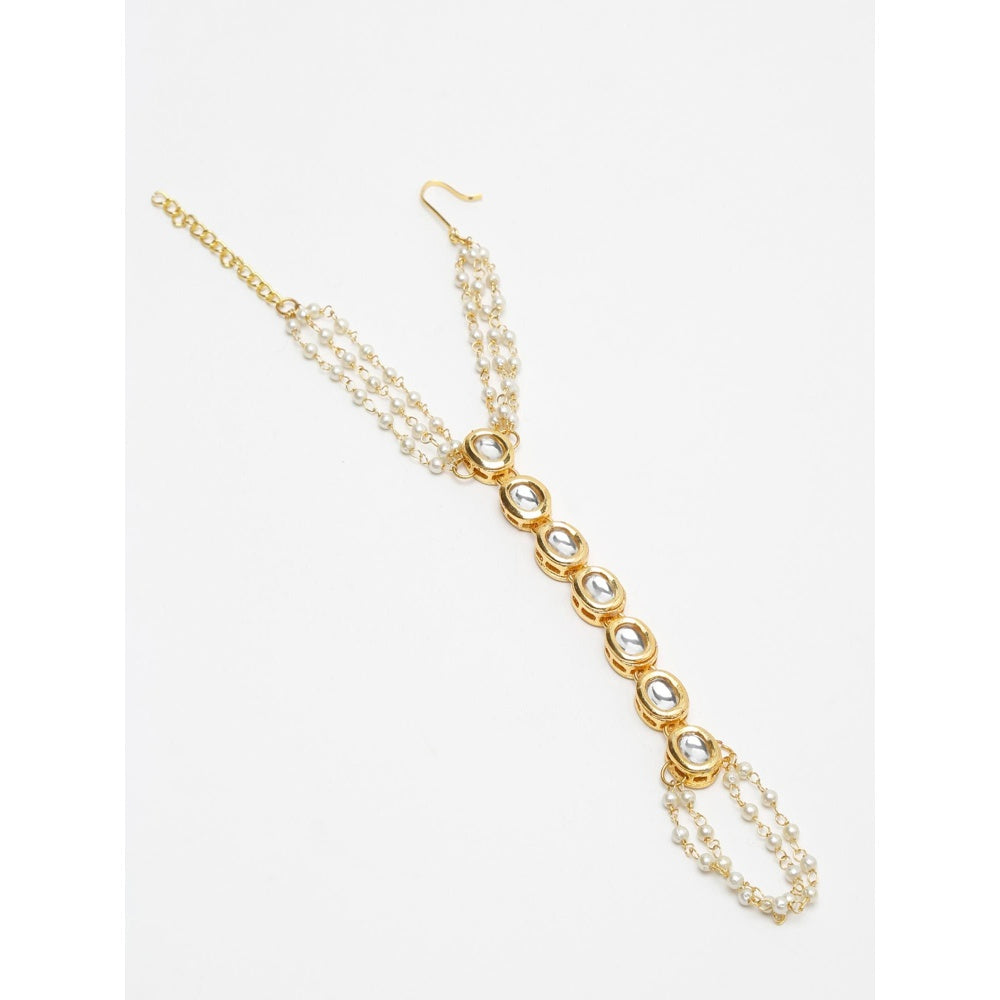 RUBY RAANG STUDIO Women Gold-Toned White Kundan & Pearl Ring Bracelet