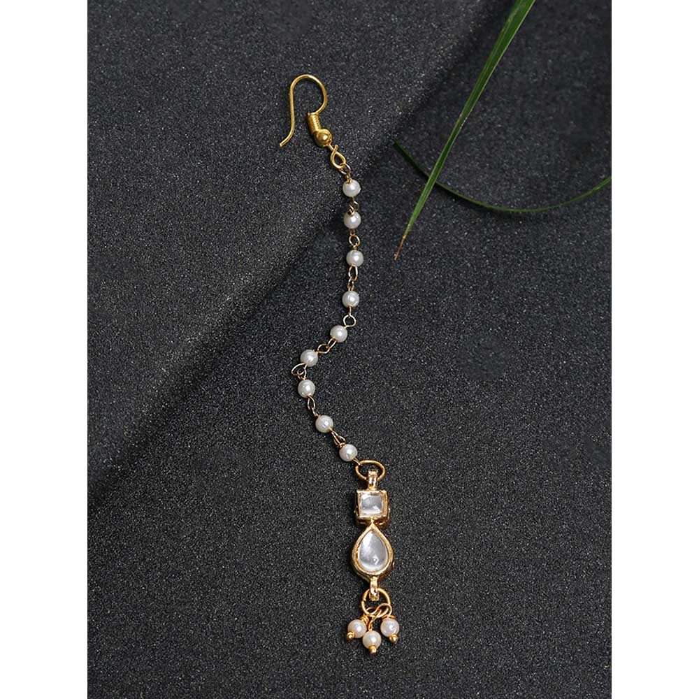 RUBY RAANG STUDIO Gold-Plated White Faux Kundan-Studded Faux Pearl Handcrafted Maang Tika