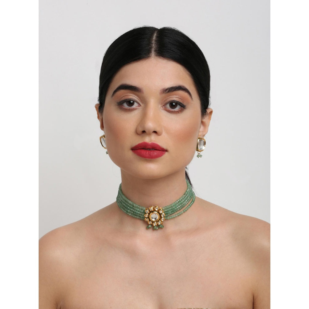 RUBY RAANG STUDIO Gold-Toned Green Faux Kundan-Studded Faux Pearl Beaded Meenakari Jewellery Set