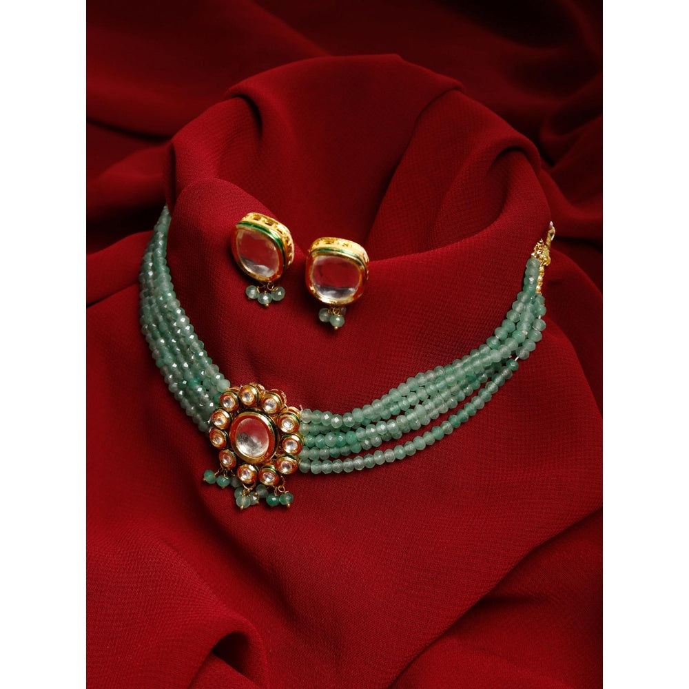 RUBY RAANG STUDIO Gold-Toned Green Faux Kundan-Studded Faux Pearl Beaded Meenakari Jewellery Set