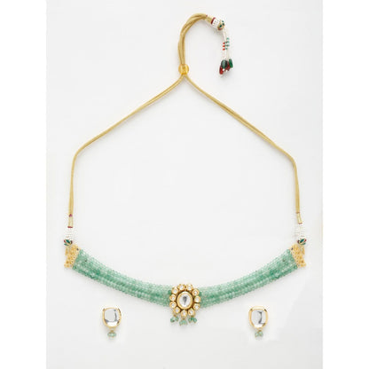 RUBY RAANG STUDIO Gold-Toned Green Faux Kundan-Studded Faux Pearl Beaded Meenakari Jewellery Set